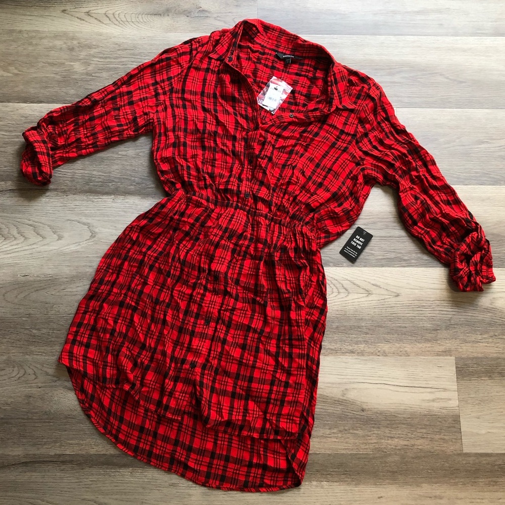 Express red button up dress plaid